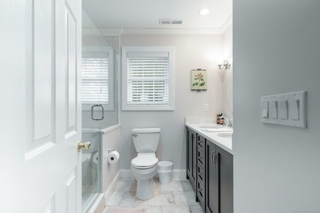 191 Pond View Dr, Watertown, CT 06795 - bathroom with crown molding, double vanity, a shower stall, toilet, and baseboards