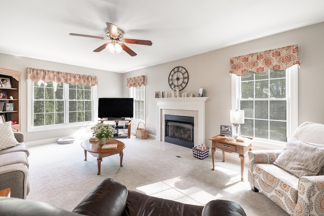 191 Pond View Dr, Watertown, CT 06795 - carpeted living room with a ceiling fan, a fireplace with flush hearth, and baseboards