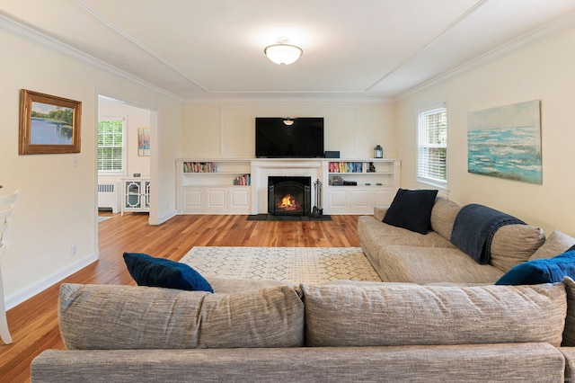 94 Mulberry St, Stamford, CT 06907 - living area with radiator, light wood-type flooring, a fireplace with flush hearth, and ornamental molding