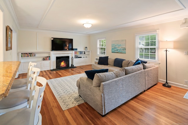 94 Mulberry St, Stamford, CT 06907 - living area featuring crown molding, healthy amount of natural light, light wood-style floors, and a fireplace with flush hearth