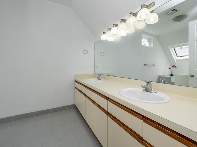 24 Wilton Crst Unit 24, Wilton, CT 06897 - full bath featuring vaulted ceiling, a skylight, tile patterned floors, and double vanity