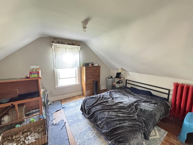 bedroom featuring wood finished floors and vaulted ceiling