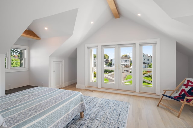 bedroom with light wood finished floors, access to exterior, recessed lighting, and baseboards