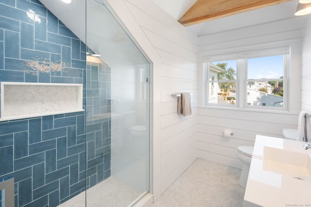 bathroom with toilet, vaulted ceiling, tiled shower, and vanity