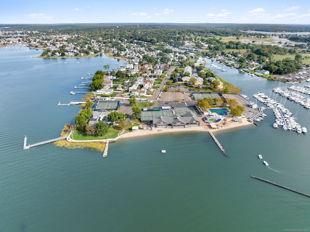 aerial overview of property's location with a nearby body of water and a marina