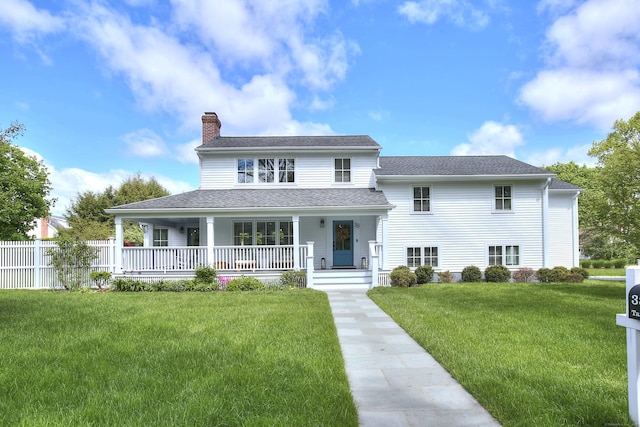 38 Tamarac Rd, Westport, CT 06880 - view of front of house with a chimney, a porch, and a shingled roof