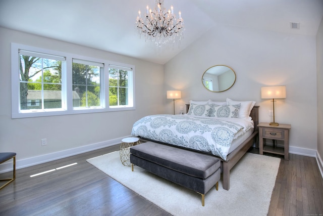 38 Tamarac Rd, Westport, CT 06880 - bedroom featuring baseboards, vaulted ceiling, dark wood-type flooring, and a chandelier
