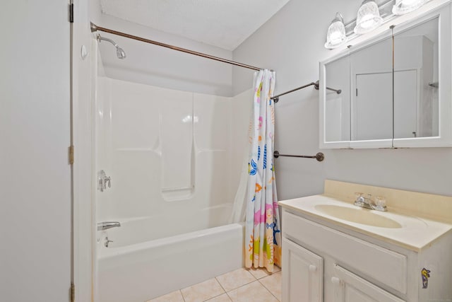 11 Osprey Ln, East Lyme, CT 06357 - full bathroom featuring shower / bathtub combination with curtain, vanity, and tile patterned floors