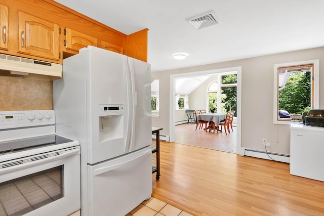 kitchen featuring white appliances, a baseboard radiator, under cabinet range hood, light wood finished floors, and a baseboard heating unit
