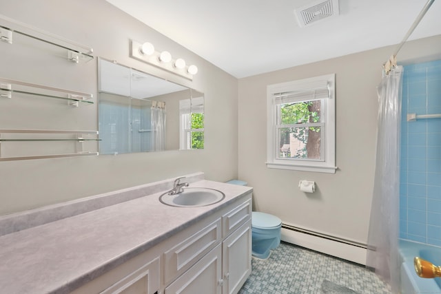 bathroom featuring a baseboard radiator, toilet, vanity, and shower / tub combo