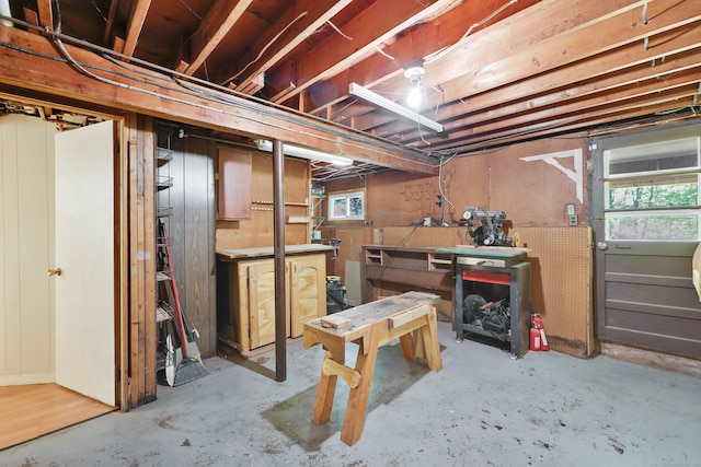 basement with a workshop area and plenty of natural light