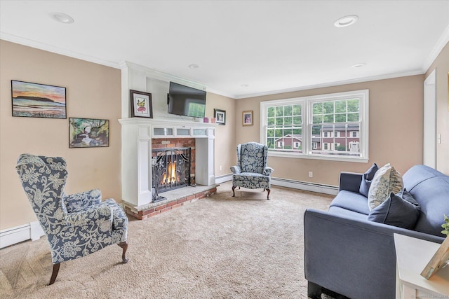 living area with a baseboard radiator, carpet flooring, a brick fireplace, crown molding, and baseboards