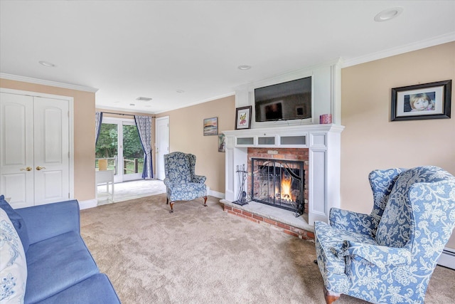 living room with carpet flooring, crown molding, a fireplace, baseboards, and recessed lighting