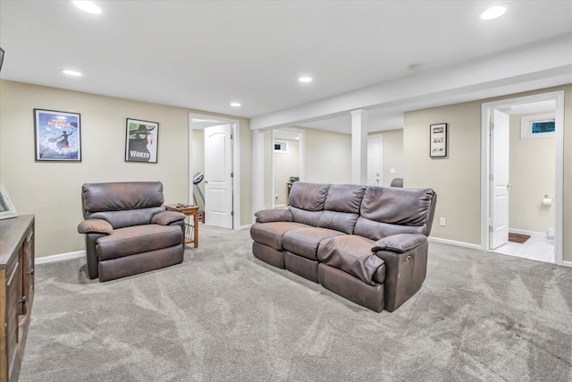 living area with recessed lighting, carpet, and baseboards