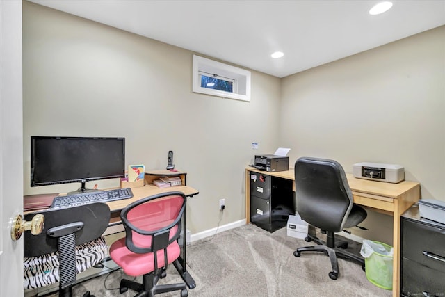 carpeted home office with baseboards and recessed lighting