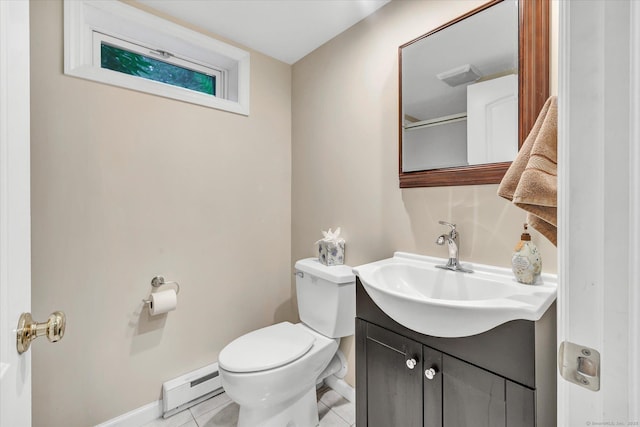 bathroom featuring a baseboard heating unit, toilet, baseboards, and vanity