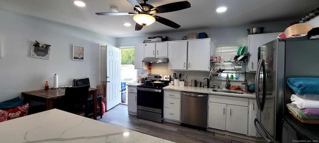 kitchen featuring stainless steel appliances, a sink, light countertops, under cabinet range hood, and a ceiling fan