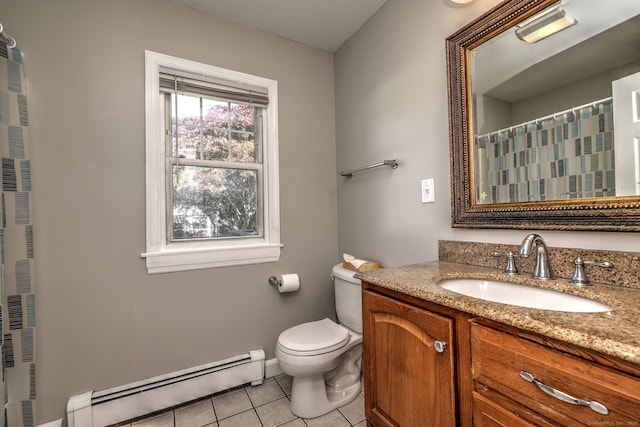 full bath with a baseboard heating unit, tile patterned flooring, toilet, vanity, and baseboards