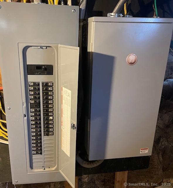 utility room with electric panel and water heater