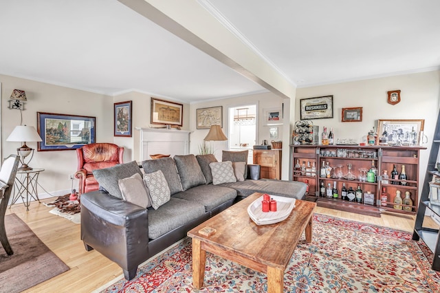 592 Courtland Ave, Bridgeport, CT 06605 - living room with ornamental molding, light wood-style flooring, a dry bar, and baseboards