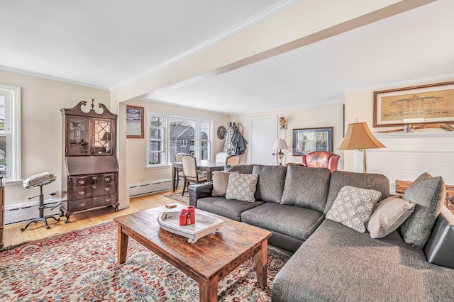 592 Courtland Ave, Bridgeport, CT 06605 - living area with healthy amount of natural light, a baseboard heating unit, light wood-style flooring, a baseboard radiator, and crown molding