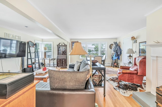 592 Courtland Ave, Bridgeport, CT 06605 - living room with wood finished floors, ornamental molding, and a baseboard radiator
