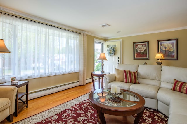 121 Dinatali Dr, Waterbury, CT 06705 - living room with a baseboard radiator, wood finished floors, and ornamental molding