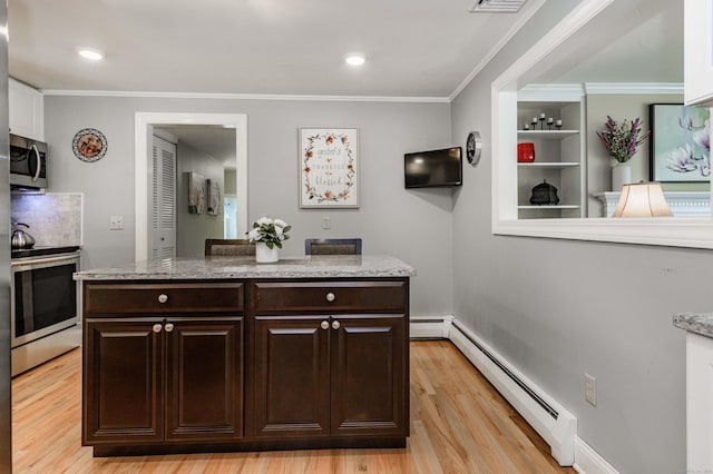 121 Dinatali Dr, Waterbury, CT 06705 - kitchen with a baseboard radiator, appliances with stainless steel finishes, dark brown cabinetry, light wood-style flooring, and crown molding