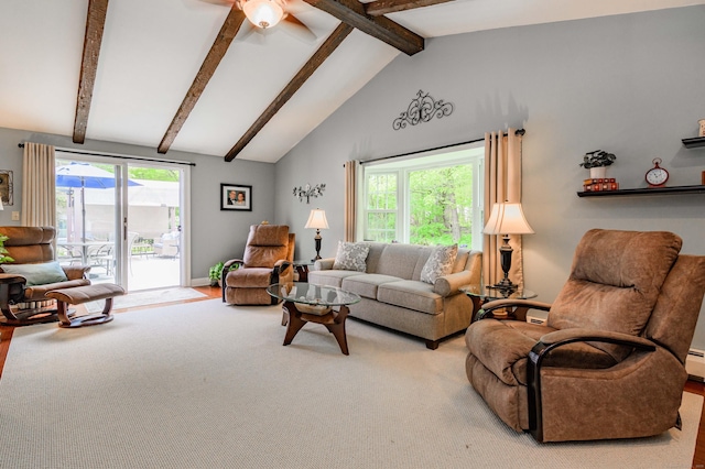 121 Dinatali Dr, Waterbury, CT 06705 - carpeted living area featuring beamed ceiling, ceiling fan, high vaulted ceiling, and baseboards