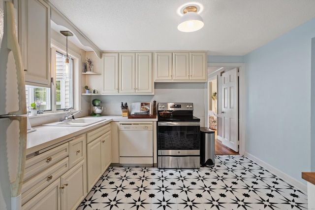 76 Glenbrook Rd, West Hartford, CT 06107 - kitchen with stainless steel electric range, white dishwasher, refrigerator, cream cabinetry, and light flooring