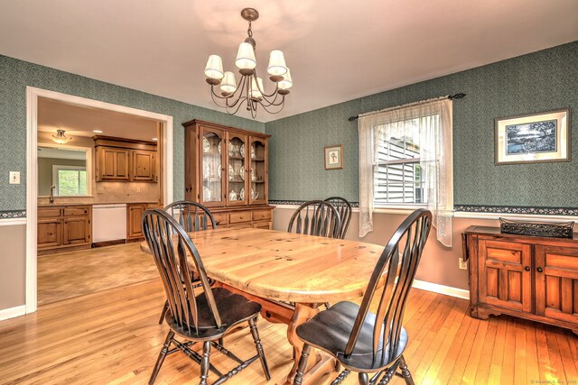 980 Mount Carmel Ave, Hamden, CT 06518 - dining room featuring wallpapered walls, a chandelier, and light wood-style floors