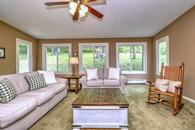 980 Mount Carmel Ave, Hamden, CT 06518 - living area featuring a baseboard heating unit, healthy amount of natural light, carpet floors, and a ceiling fan