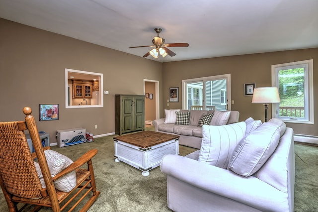 980 Mount Carmel Ave, Hamden, CT 06518 - living area featuring carpet, a ceiling fan, baseboards, a baseboard radiator, and a baseboard heating unit