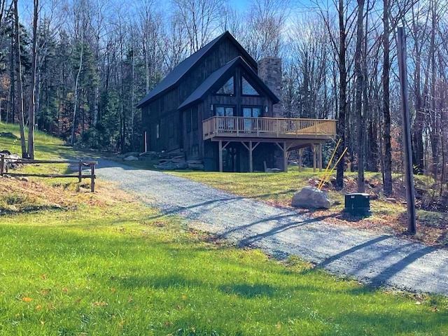 24 Calhoun St, Washington, CT 06794 - chalet / cabin featuring a chimney, a wooden deck, driveway, and a wooded view