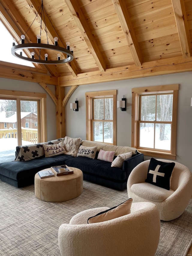 24 Calhoun St, Washington, CT 06794 - living area with beamed ceiling, wood ceiling, carpet flooring, and high vaulted ceiling