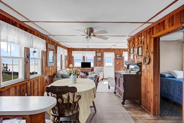 27 Barnes Rd, Old Saybrook, CT 06475 - dining space featuring wooden walls and ceiling fan