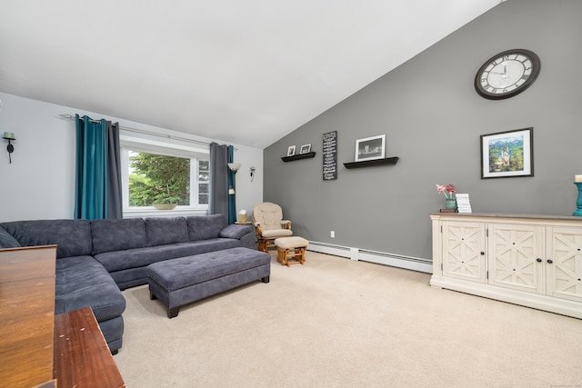 carpeted living room featuring a baseboard heating unit and high vaulted ceiling