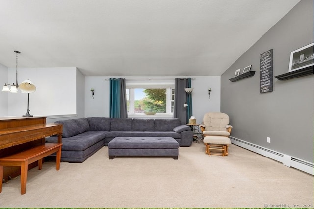 carpeted living room featuring a baseboard heating unit and lofted ceiling