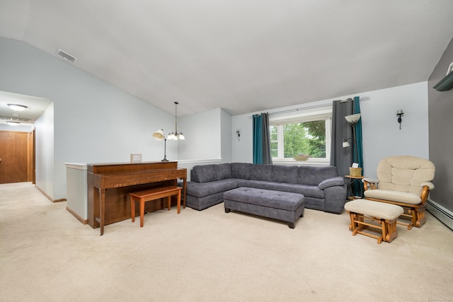 living area featuring light carpet, vaulted ceiling, and baseboards