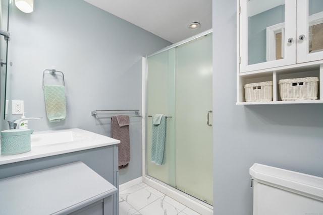 full bathroom with a shower stall, marble look tile flooring, vanity, recessed lighting, and toilet