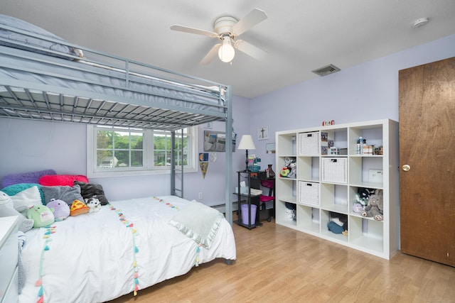 bedroom with light wood-type flooring and a ceiling fan
