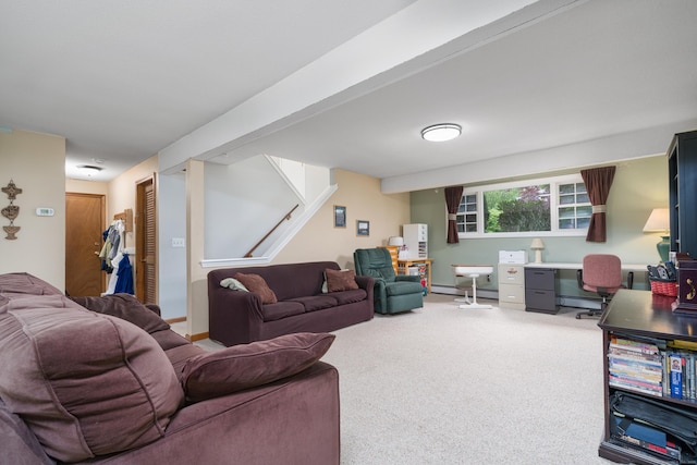 living area with a baseboard heating unit, stairs, carpet flooring, and baseboard heating