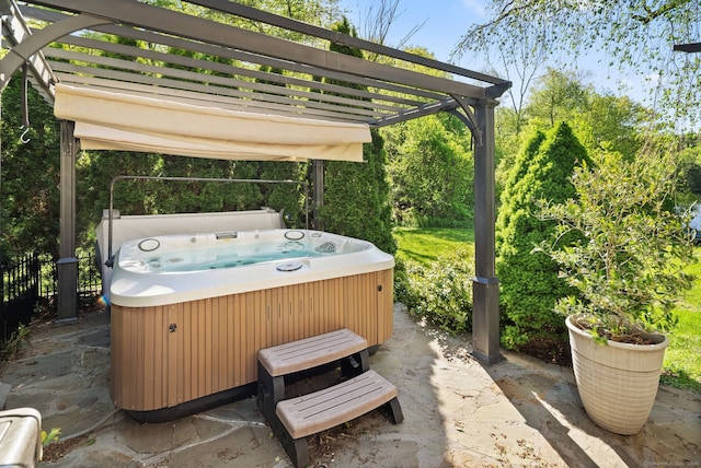 1 Penwood Rd, Bloomfield, CT 06002 - view of patio featuring a hot tub and a pergola
