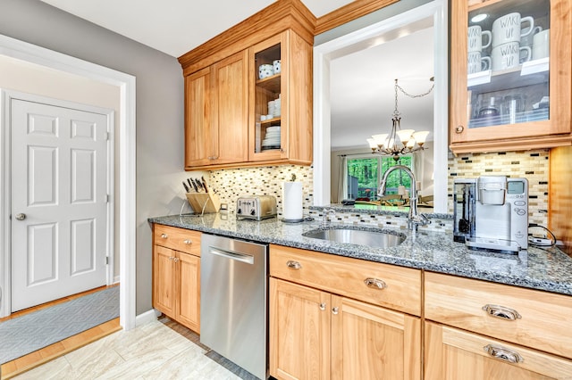 123 Old Belden Hill Rd Apt 41, Norwalk, CT 06850 - kitchen with dishwasher, a sink, decorative backsplash, dark stone countertops, and a chandelier