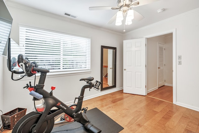 123 Old Belden Hill Rd Apt 41, Norwalk, CT 06850 - exercise room featuring ceiling fan, light wood-style floors, crown molding, and baseboards