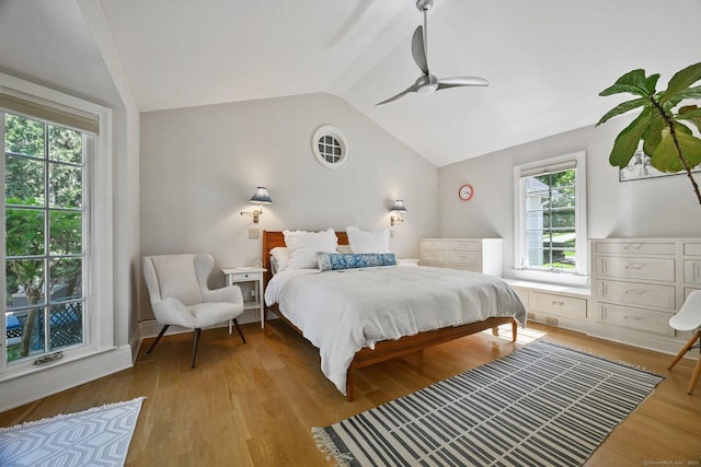 144 S Ave, New Canaan, CT 06840 - bedroom with vaulted ceiling, light wood-style floors, and a ceiling fan