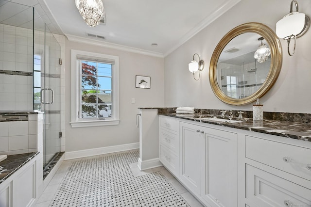 144 S Ave, New Canaan, CT 06840 - full bathroom with baseboards, crown molding, a stall shower, and vanity