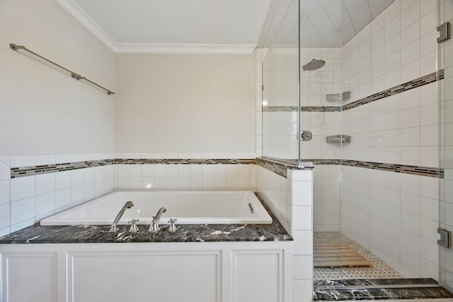 144 S Ave, New Canaan, CT 06840 - bathroom with ornamental molding, a shower stall, and a bath