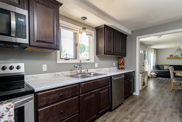 kitchen with stainless steel appliances, a sink, light countertops, dark brown cabinetry, and healthy amount of natural light