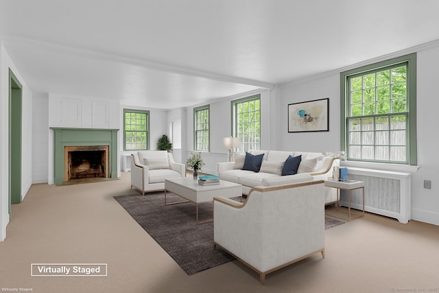 804 Forest Rd, North Branford, CT 06472 - carpeted living area with radiator, a fireplace with flush hearth, and baseboards
